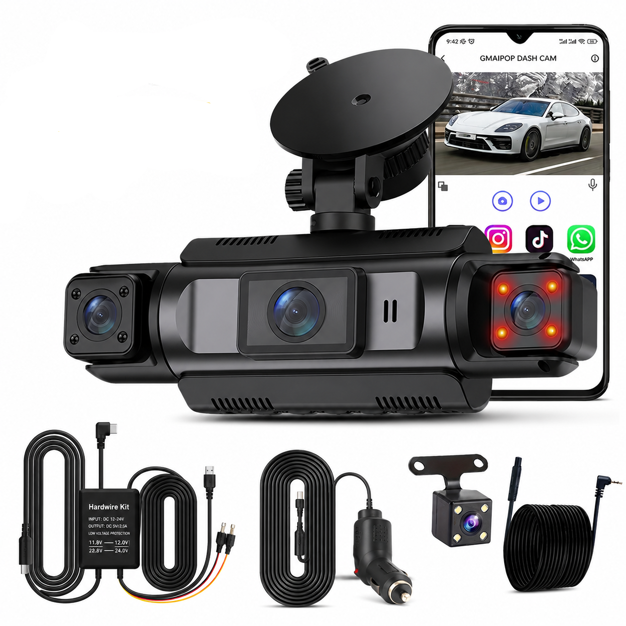 4-Channel 360° Dash Cam with Night Vision, Hardwire Kit included