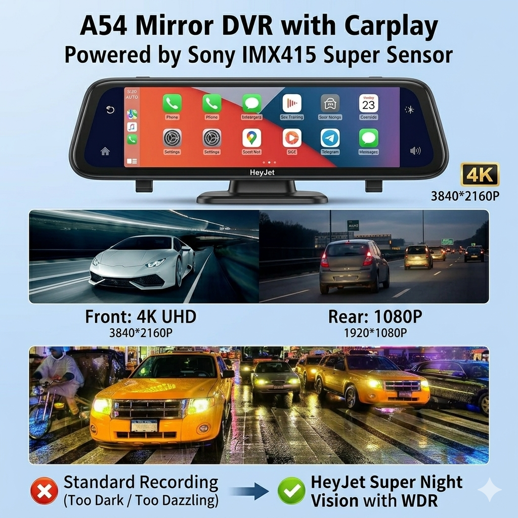 HeyJet 4K Mirror Dash Cam + Free 64GB SD Card - Wireless CarPlay & Android Auto, 12" Touch Screen, GPS & Night Vision