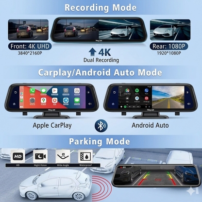 HeyJet 4K Mirror Dash Cam + Free 64GB SD Card - Wireless CarPlay & Android Auto, 12" Touch Screen, GPS & Night Vision