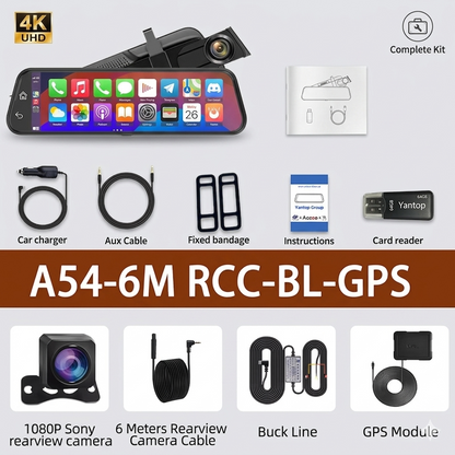 HeyJet 4K Mirror Dash Cam + Free 64GB SD Card - Wireless CarPlay & Android Auto, 12" Touch Screen, GPS & Night Vision