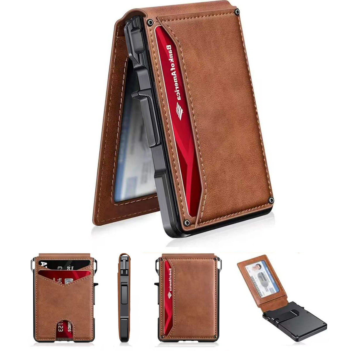Slim RFID Blocking Wallet for Men – Aluminum Card Holder with Money Clip, Pop Up Card Case, Front Pocket Leather Wallet, ID Window