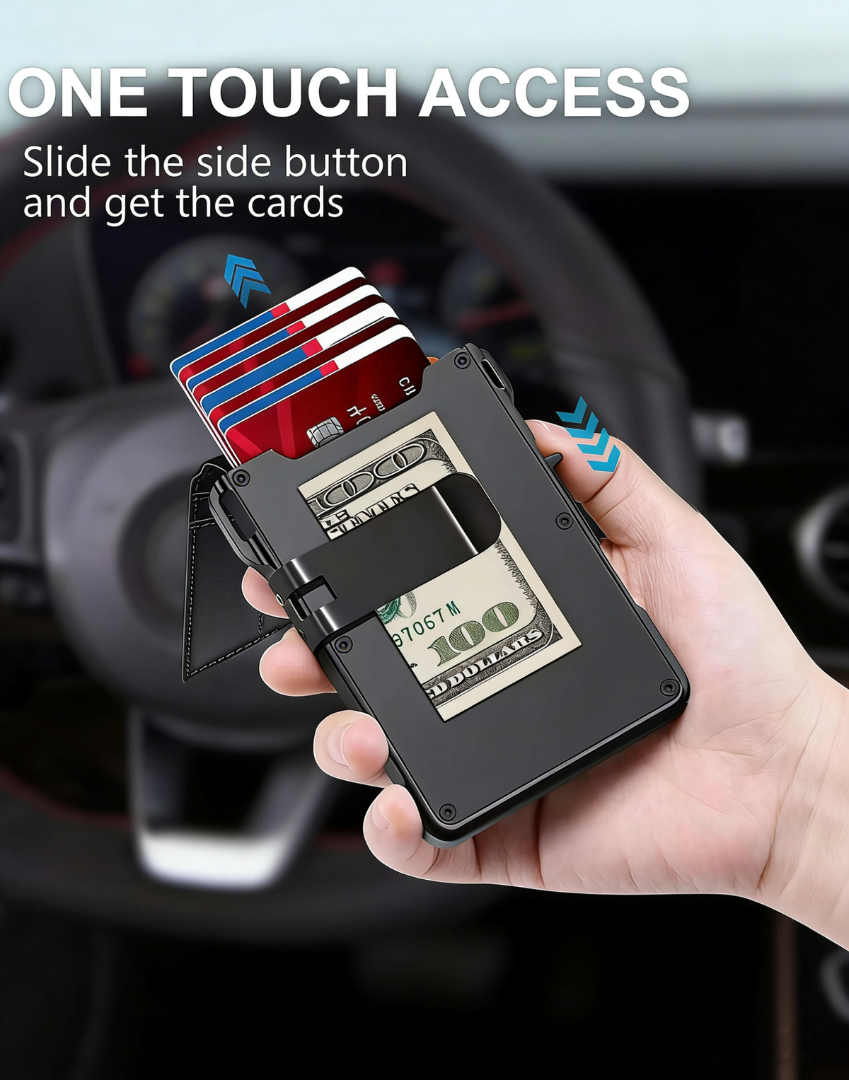 Slim RFID Blocking Wallet for Men – Aluminum Card Holder with Money Clip, Pop Up Card Case, Front Pocket Leather Wallet, ID Window