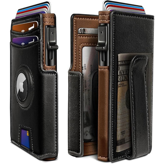 Slim RFID Wallet for Men with AirTag Holder – Minimalist Leather Front Pocket Card Wallet, RFID Blocking
