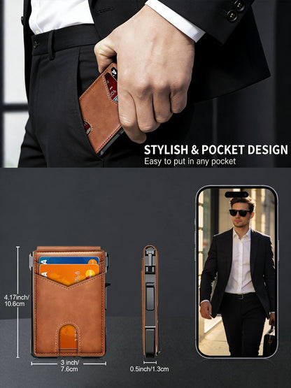 Slim RFID Blocking Wallet for Men – Aluminum Card Holder with Money Clip, Pop Up Card Case, Front Pocket Leather Wallet, ID Window