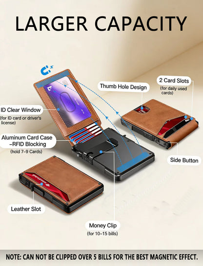 Slim RFID Blocking Wallet for Men – Aluminum Card Holder with Money Clip, Pop Up Card Case, Front Pocket Leather Wallet, ID Window