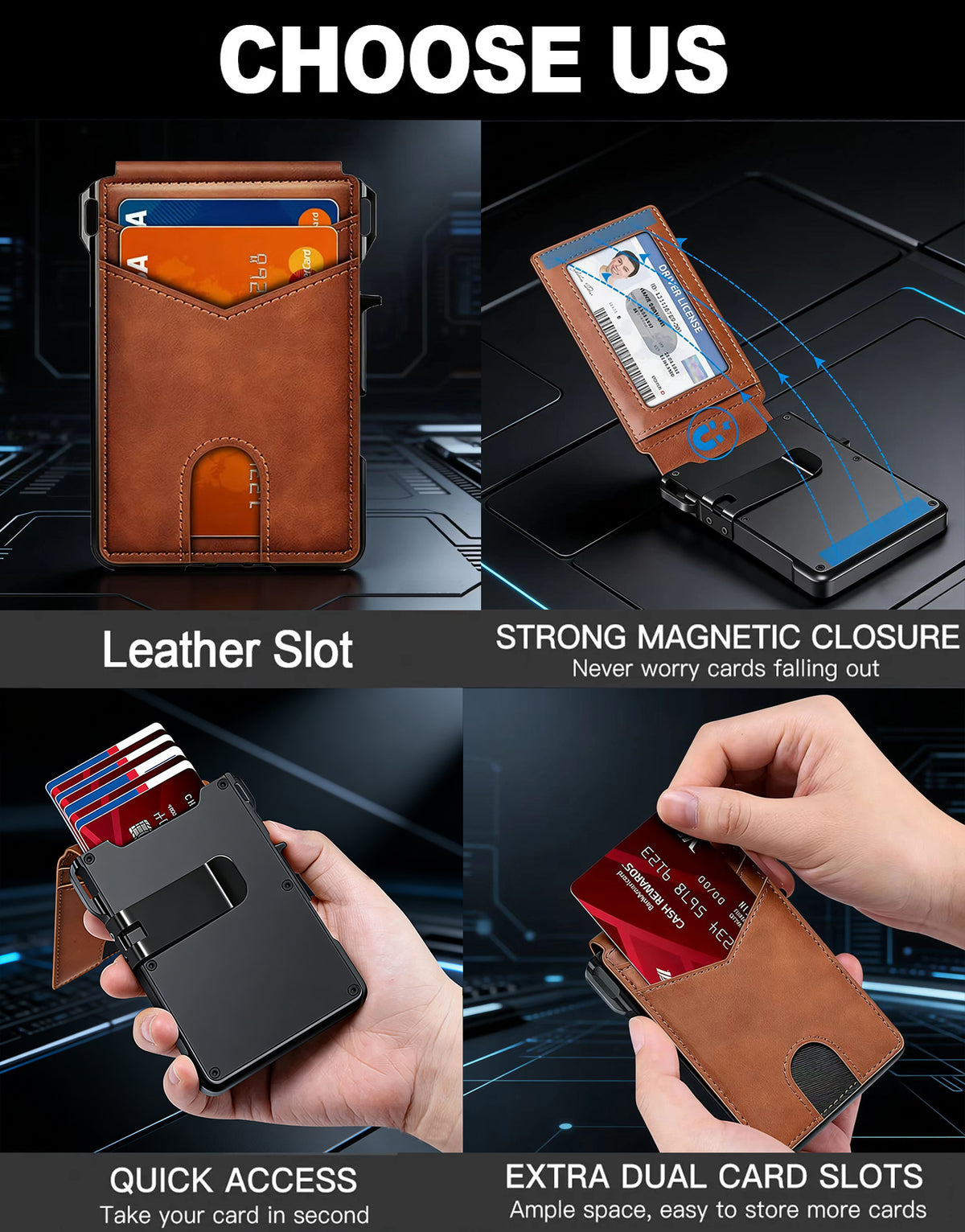 Slim RFID Blocking Wallet for Men – Aluminum Card Holder with Money Clip, Pop Up Card Case, Front Pocket Leather Wallet, ID Window