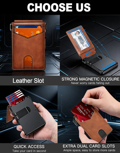Slim RFID Blocking Wallet for Men – Aluminum Card Holder with Money Clip, Pop Up Card Case, Front Pocket Leather Wallet, ID Window