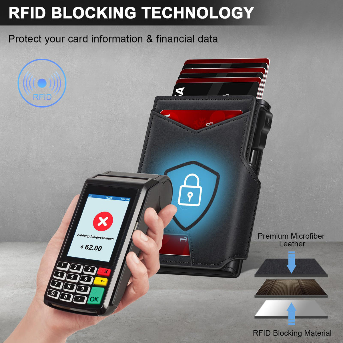 RFID Blocking Wallet for Men – Slim Card Holder with ID Window & Cash Strap, Minimalist Front Pocket Travel Wallet