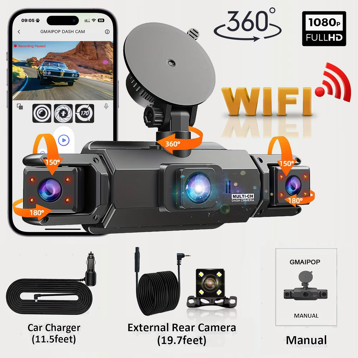 4 Channel Dash Cam Front Rear Side Camera 1080p Full HD 5G WiFi Night Vision 360°