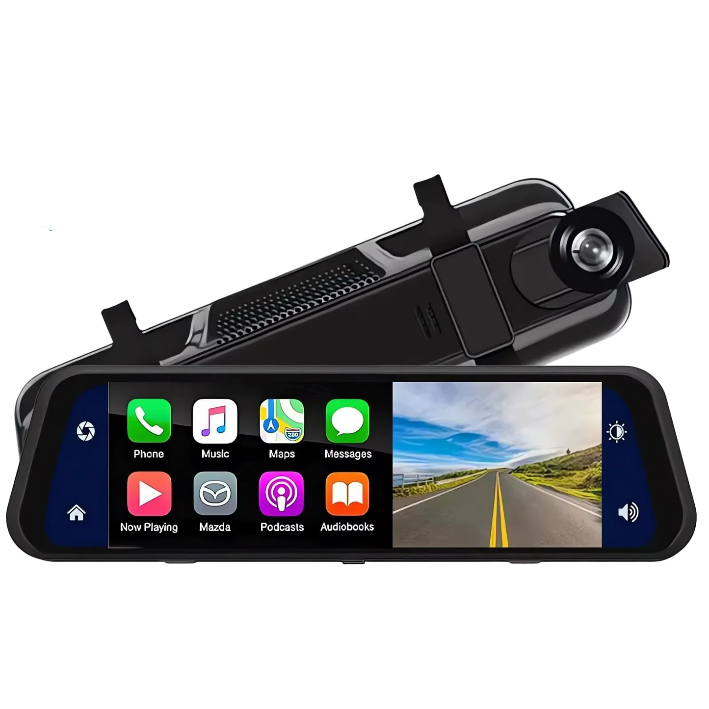 Car dashboard camera with a touchscreen display on a white background