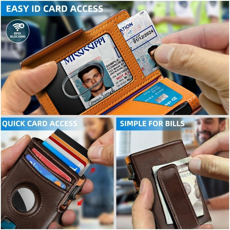 Slim RFID Wallet for Men with AirTag Holder – Minimalist Leather Front Pocket Card Wallet, RFID Blocking