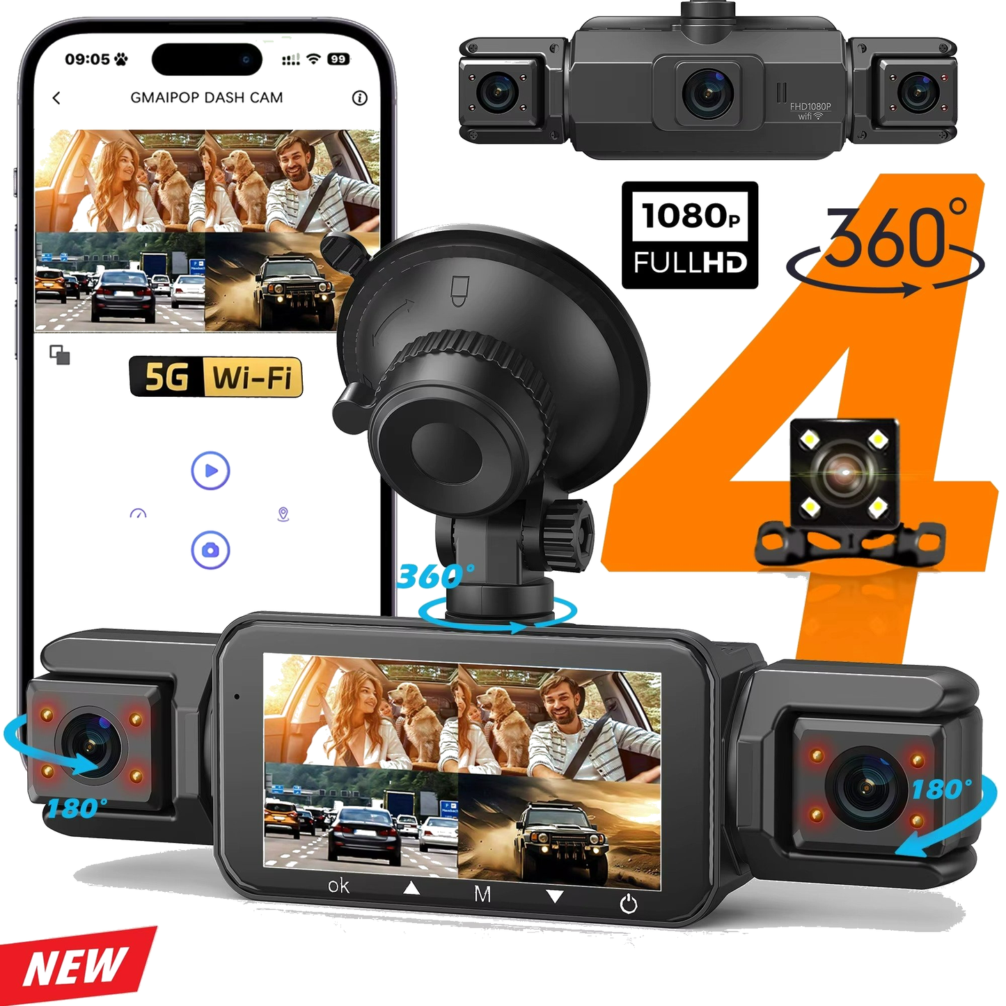 4 Channel Dash Cam Front Rear Side Camera 1080p Full HD 5G WiFi Night Vision 360°